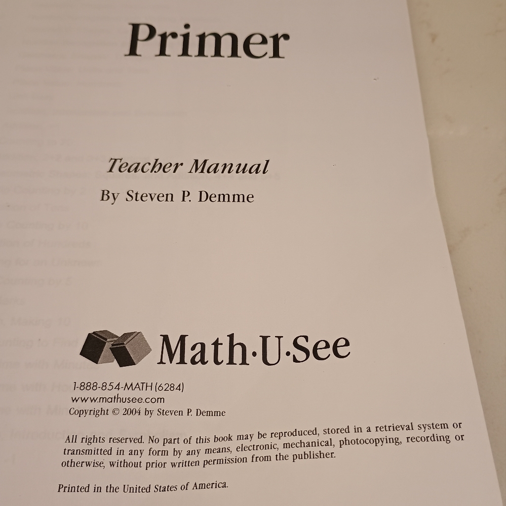 Math-U-See Primer Teacher Manual, Never Used - Picture 2 of 2